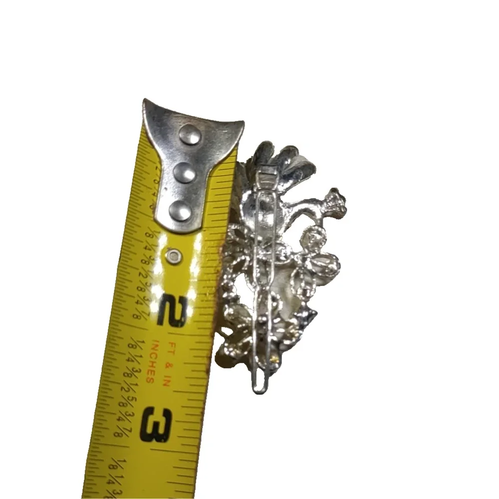 Delightful Peacock Hair Barrette Silver Tone Rhinestone Floral Bird Feminine